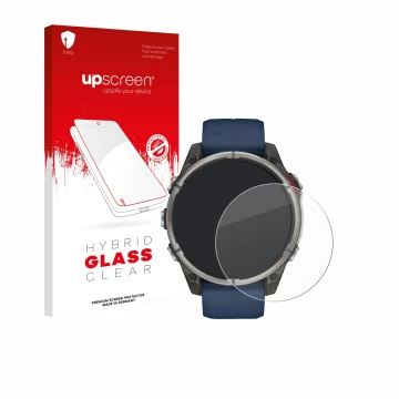 Parte frontale di una confezione del prodotto con il logo del marchio upscreen. Accanto è raffigurato il dispositivo Garmin qu