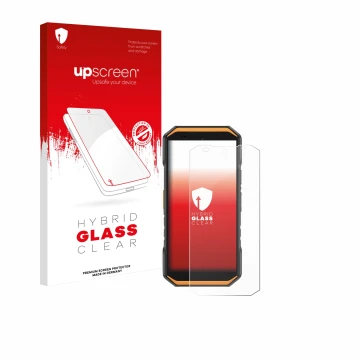 Parte frontale di una confezione del prodotto con il logo del marchio upscreen. Accanto è raffigurato il dispositivo Ulefone A
