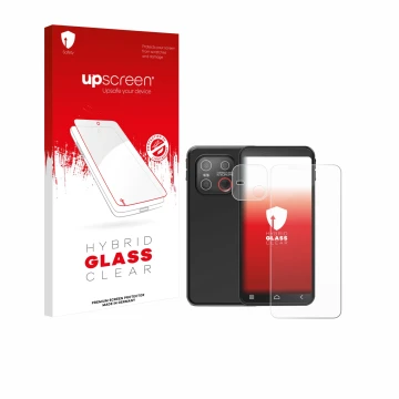 Parte frontale di una confezione del prodotto con il logo del marchio upscreen. Accanto è raffigurato il dispositivo Emporia S