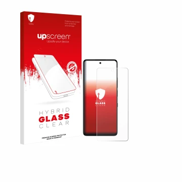 Parte frontale di una confezione del prodotto con il logo del marchio upscreen. Accanto è raffigurato il dispositivo TCL 50 Pr