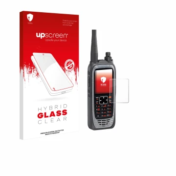 Parte frontale di una confezione del prodotto con il logo del marchio upscreen. Accanto è raffigurato il dispositivo Icom IC-A