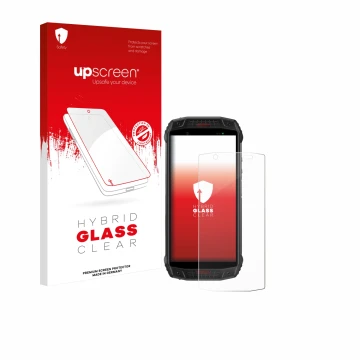 Parte frontale di una confezione del prodotto con il logo del marchio upscreen. Accanto è raffigurato il dispositivo Ulefone A