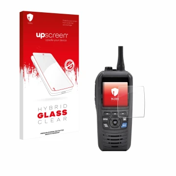 Parte frontale di una confezione del prodotto con il logo del marchio upscreen. Accanto è raffigurato il dispositivo Icom IC-M