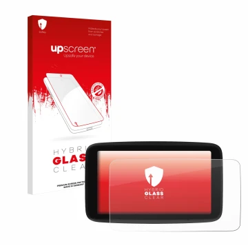 Parte frontale di una confezione del prodotto con il logo del marchio upscreen. Accanto è raffigurato il dispositivo TomTom GO