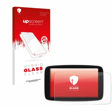 Parte frontale di una confezione del prodotto con il logo del marchio upscreen. Accanto è raffigurato il dispositivo TomTom Go