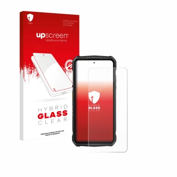 Parte frontale di una confezione del prodotto con il logo del marchio upscreen. Accanto è raffigurato il dispositivo Ulefone A