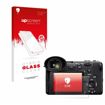 Parte frontale di una confezione del prodotto con il logo del marchio upscreen. Accanto è raffigurato il dispositivo Sony Cine