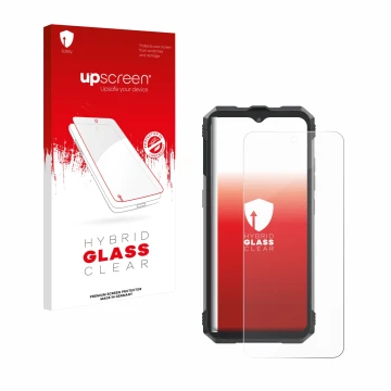 Parte frontale di una confezione del prodotto con il logo del marchio upscreen. Accanto è raffigurato il dispositivo Cubot Kin