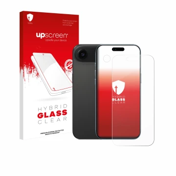 Parte frontale di una confezione del prodotto con il logo del marchio upscreen. Accanto è raffigurato il dispositivo Apple iPh