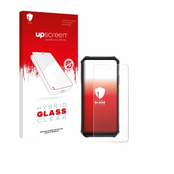 Parte frontale di una confezione del prodotto con il logo del marchio upscreen. Accanto è raffigurato il dispositivo Ulefone A