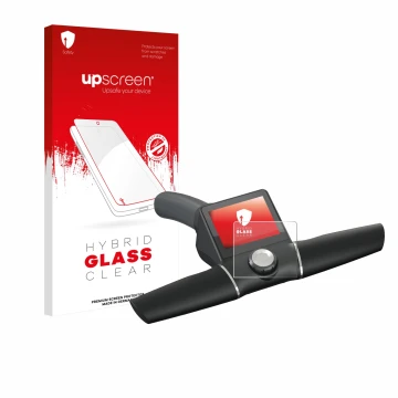 Parte frontale di una confezione del prodotto con il logo del marchio upscreen. Accanto è raffigurato il dispositivo Motocaddy