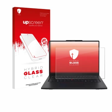 Parte frontale di una confezione del prodotto con il logo del marchio upscreen. Accanto è raffigurato il dispositivo Lenovo Th