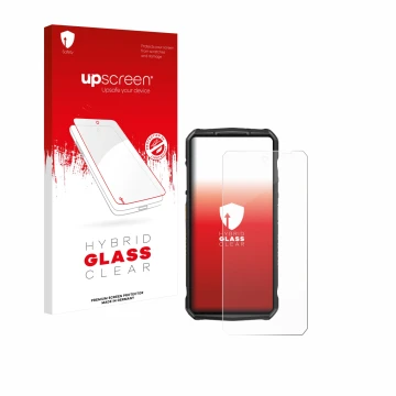 Parte frontale di una confezione del prodotto con il logo del marchio upscreen. Accanto è raffigurato il dispositivo Ulefone 2