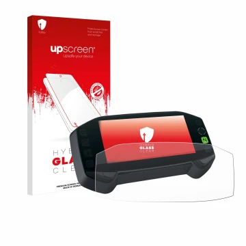 Parte frontale di una confezione del prodotto con il logo del marchio upscreen. Accanto è raffigurato il dispositivo Suzuki DR