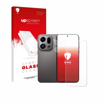 Parte frontale di una confezione del prodotto con il logo del marchio upscreen. Accanto è raffigurato il dispositivo Oppo Find