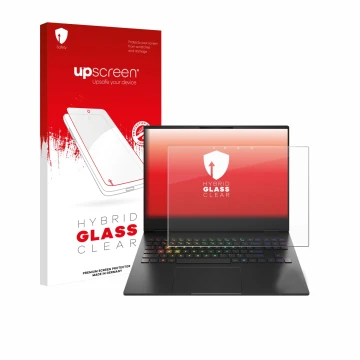 Parte frontale di una confezione del prodotto con il logo del marchio upscreen. Accanto è raffigurato il dispositivo HP Omen T