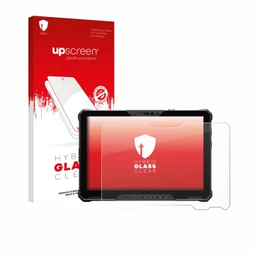 Parte frontale di una confezione del prodotto con il logo del marchio upscreen. Accanto è raffigurato il dispositivo Dell Pro 