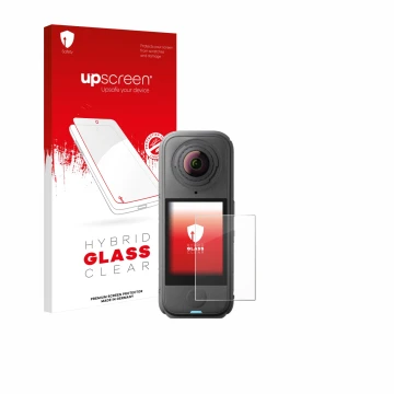 Parte frontale di una confezione del prodotto con il logo del marchio upscreen. Accanto è raffigurato il dispositivo Insta360 