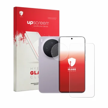 Parte frontale di una confezione del prodotto con il logo del marchio upscreen. Accanto è raffigurato il dispositivo Vivo X300