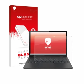 Parte frontale di una confezione del prodotto con il logo del marchio upscreen. Accanto è raffigurato il dispositivo Lenovo 13