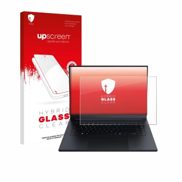 Parte frontale di una confezione del prodotto con il logo del marchio upscreen. Accanto è raffigurato il dispositivo Razer Bla