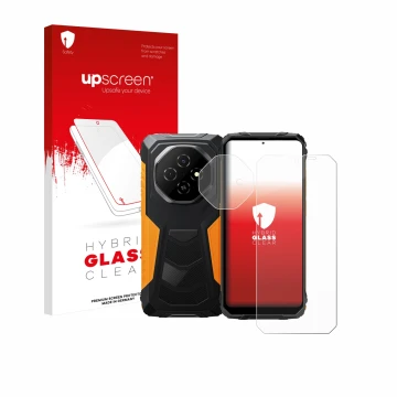 Parte frontale di una confezione del prodotto con il logo del marchio upscreen. Accanto è raffigurato il dispositivo Blackview