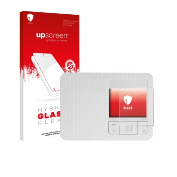 Parte frontale di una confezione del prodotto con il logo del marchio upscreen. Accanto è raffigurato il dispositivo Canon Sel