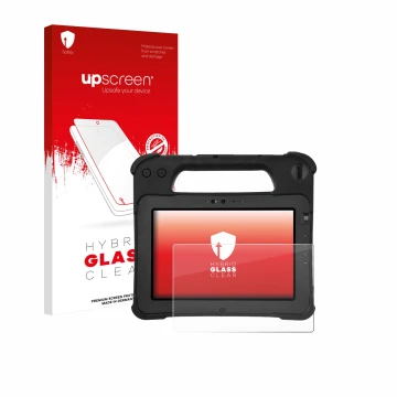 Parte frontale di una confezione del prodotto con il logo del marchio upscreen. Accanto è raffigurato il dispositivo Zebra XPa