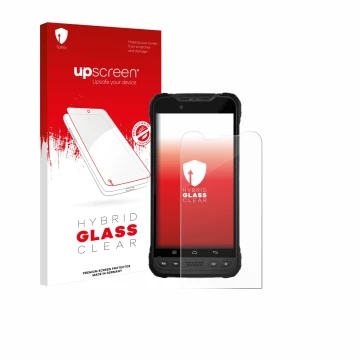 Parte frontale di una confezione del prodotto con il logo del marchio upscreen. Accanto è raffigurato il dispositivo Zebra Xpl