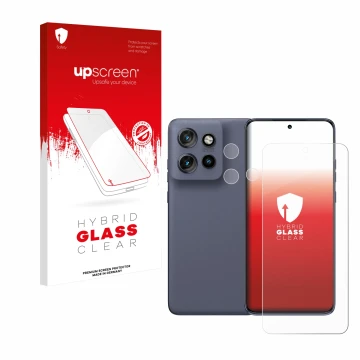 Parte frontale di una confezione del prodotto con il logo del marchio upscreen. Accanto è raffigurato il dispositivo Motorola 