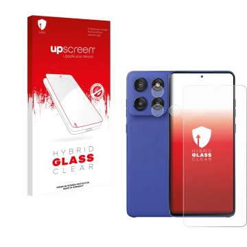 Parte frontale di una confezione del prodotto con il logo del marchio upscreen. Accanto è raffigurato il dispositivo Motorola 