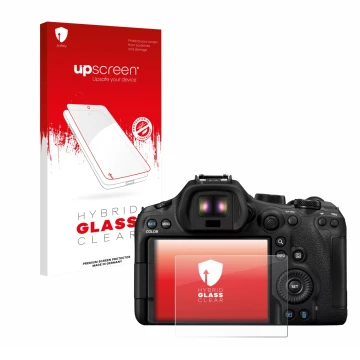 Parte frontale di una confezione del prodotto con il logo del marchio upscreen. Accanto è raffigurato il dispositivo Canon EOS