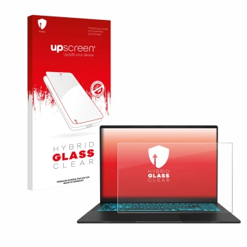 Parte frontale di una confezione del prodotto con il logo del marchio upscreen. Accanto è raffigurato il dispositivo ASUS V16 