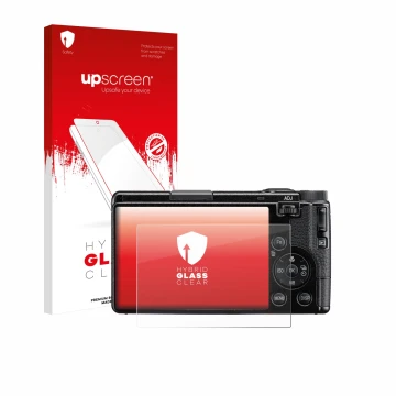 Parte frontale di una confezione del prodotto con il logo del marchio upscreen. Accanto è raffigurato il dispositivo Ricoh GR 