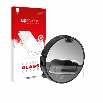 Parte frontale di una confezione del prodotto con il logo del marchio upscreen. Accanto è raffigurato il dispositivo Roborock 