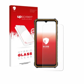 Parte frontale di una confezione del prodotto con il logo del marchio upscreen. Accanto è raffigurato il dispositivo Ulefone R