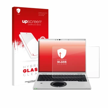 Parte frontale di una confezione del prodotto con il logo del marchio upscreen. Accanto è raffigurato il dispositivo Panasonic