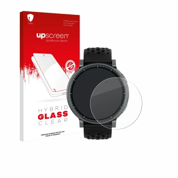 Parte frontale di una confezione del prodotto con il logo del marchio upscreen. Accanto è raffigurato il dispositivo Amazfit A