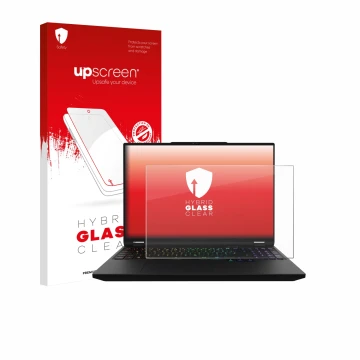 Parte frontale di una confezione del prodotto con il logo del marchio upscreen. Accanto è raffigurato il dispositivo XMG Apex 