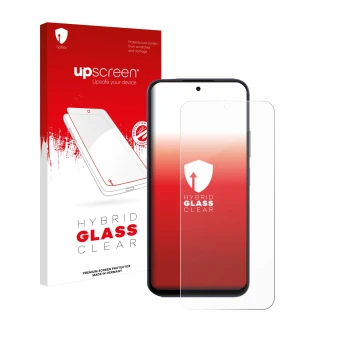 Parte frontale di una confezione del prodotto con il logo del marchio upscreen. Accanto è raffigurato il dispositivo Oppo A6x 