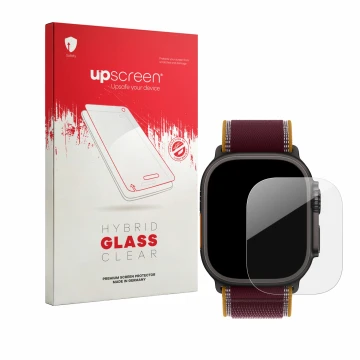 Parte frontale di una confezione del prodotto con il logo del marchio upscreen. Accanto è raffigurato il dispositivo Apple Wat