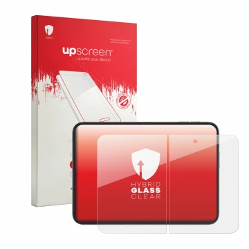 Parte frontale di una confezione del prodotto con il logo del marchio upscreen. Accanto è raffigurato il dispositivo Apple iPh
