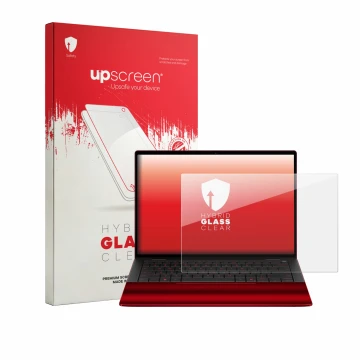 Parte frontale di una confezione del prodotto con il logo del marchio upscreen. Accanto è raffigurato il dispositivo HP Scuder