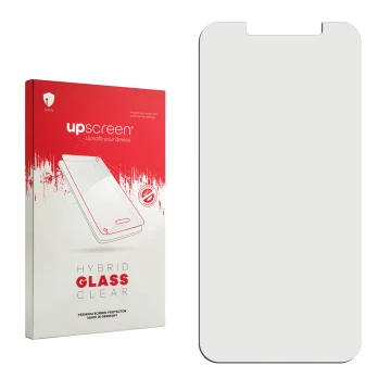 Parte frontale di una confezione del prodotto con il logo del marchio upscreen. Accanto si trova la protezione per lo schermo 