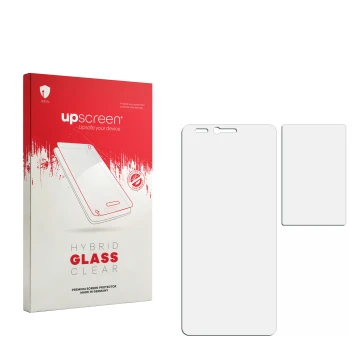 Parte frontale di una confezione del prodotto con il logo del marchio upscreen. Accanto si trova la protezione per lo schermo 