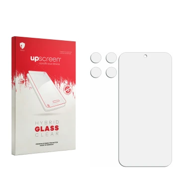 Parte frontale di una confezione del prodotto con il logo del marchio upscreen. Accanto si trova la protezione per lo schermo 