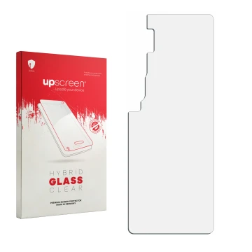 Parte frontale di una confezione del prodotto con il logo del marchio upscreen. Accanto si trova la protezione per lo schermo 