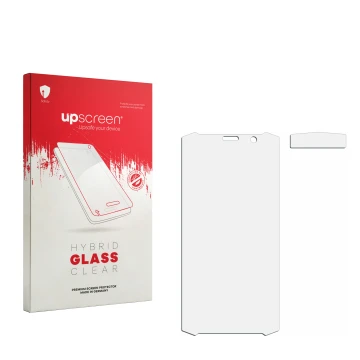 Parte frontale di una confezione del prodotto con il logo del marchio upscreen. Accanto si trova la protezione per lo schermo 