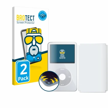 Parte frontale di una confezione del prodotto con il logo del marchio BROTECT. Accanto è raffigurato il dispositivo Apple iPod