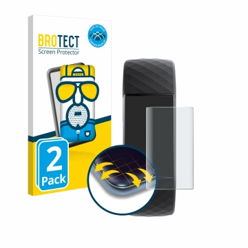 Parte frontale di una confezione del prodotto con il logo del marchio BROTECT. Accanto è raffigurato il dispositivo Fitbit Cha